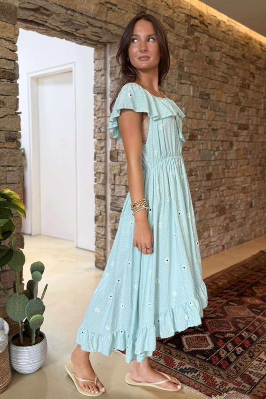 Made in Italy Forget Me Knots Bardot Shirring Dress Sky /10 =